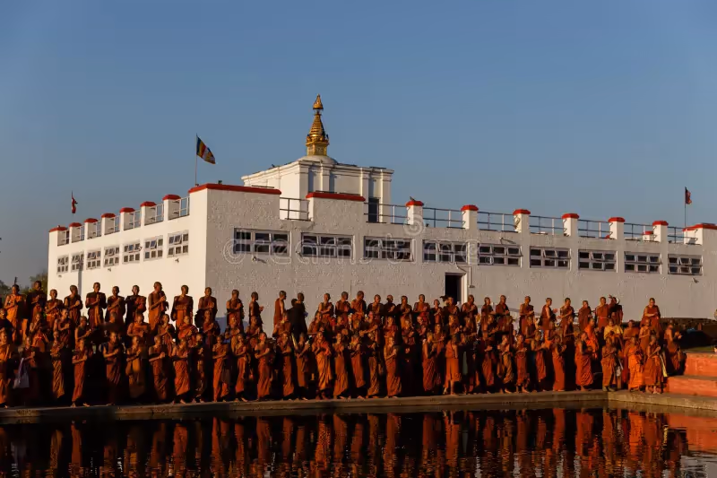 Buddhist monks standing in front of the Lumbini Museum