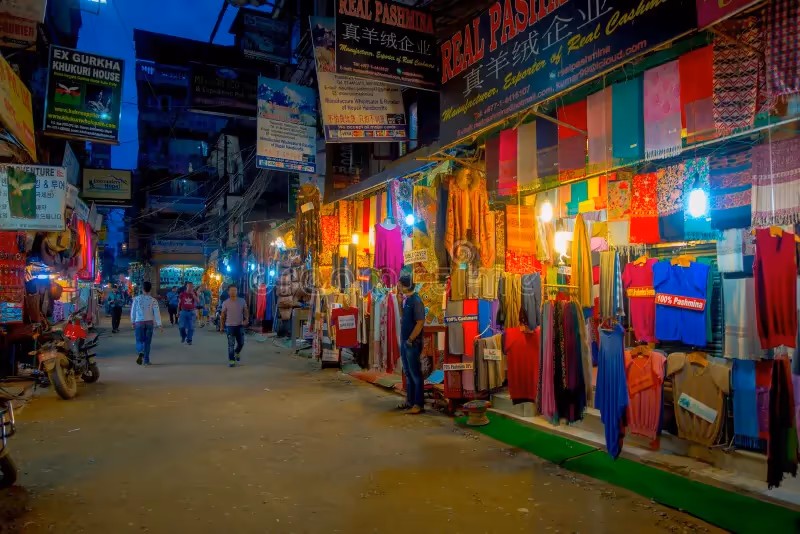 Thamel gear shops side by side selling trekking clothes and equipment