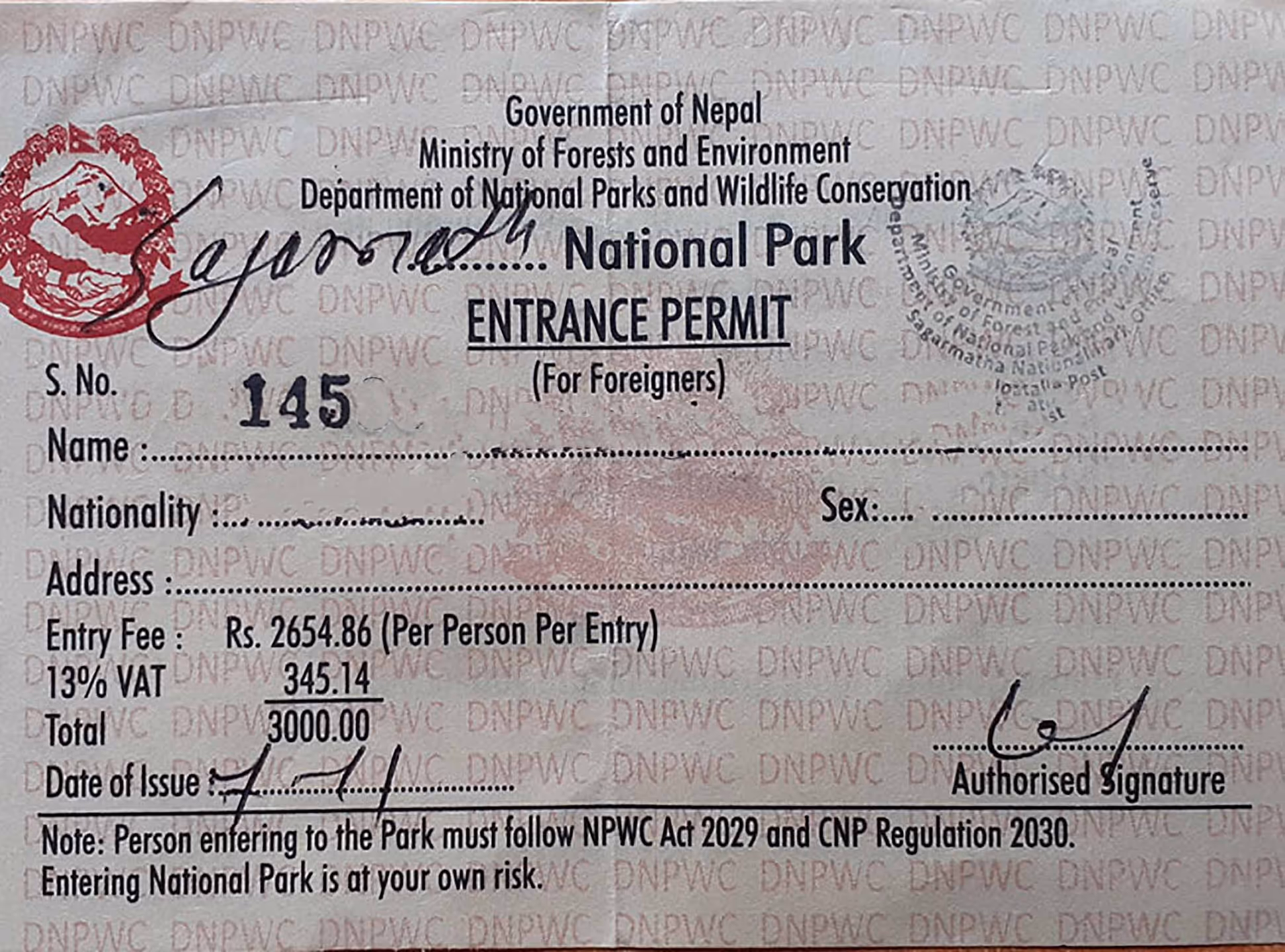 A Nepal national park permit