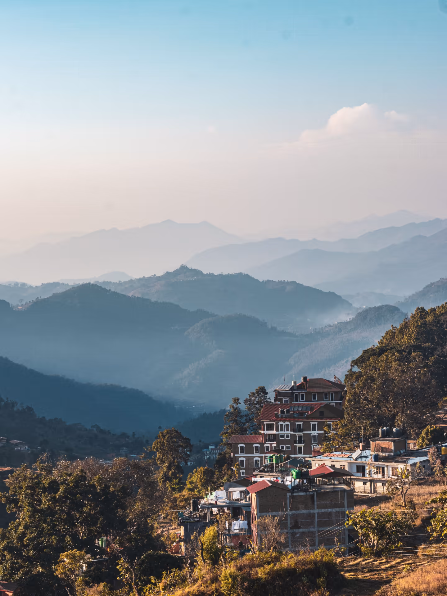Some traditional Nepali homes surrounded by trees with hills in background
