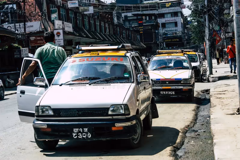 Taxis lined up on a Kathmandu street
