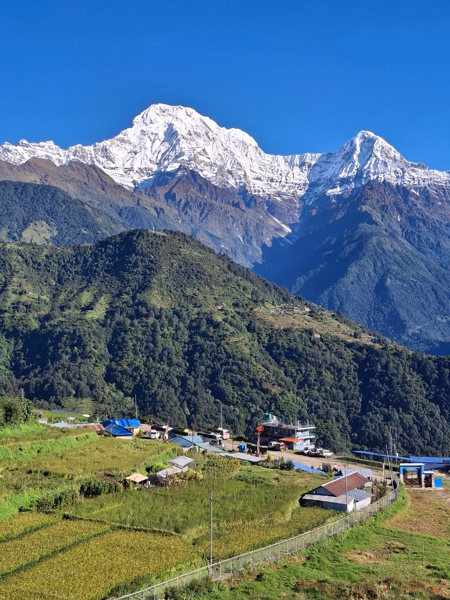 A mountain village with snow-capped Himalayan peaks rising behind it